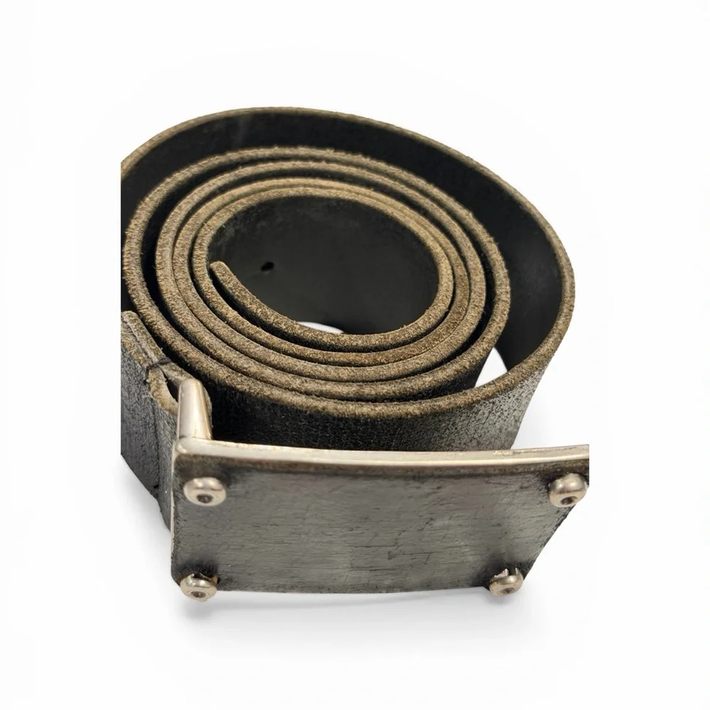 Vintage Aviator Black Leather Belt with Silver Plate Buckle